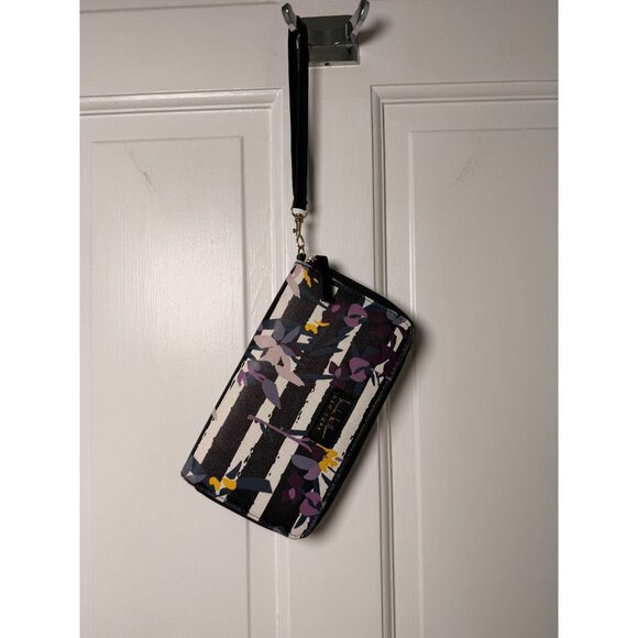 Nicole Miller Wristlet Black & White Striped with Purple Pink Floral Design - Picture 1 of 9